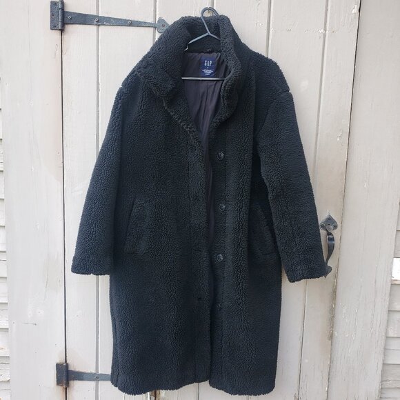 Gap Sherpa Fleece Long Teddy Coat, Black, Women's S - Picture 1 of 16